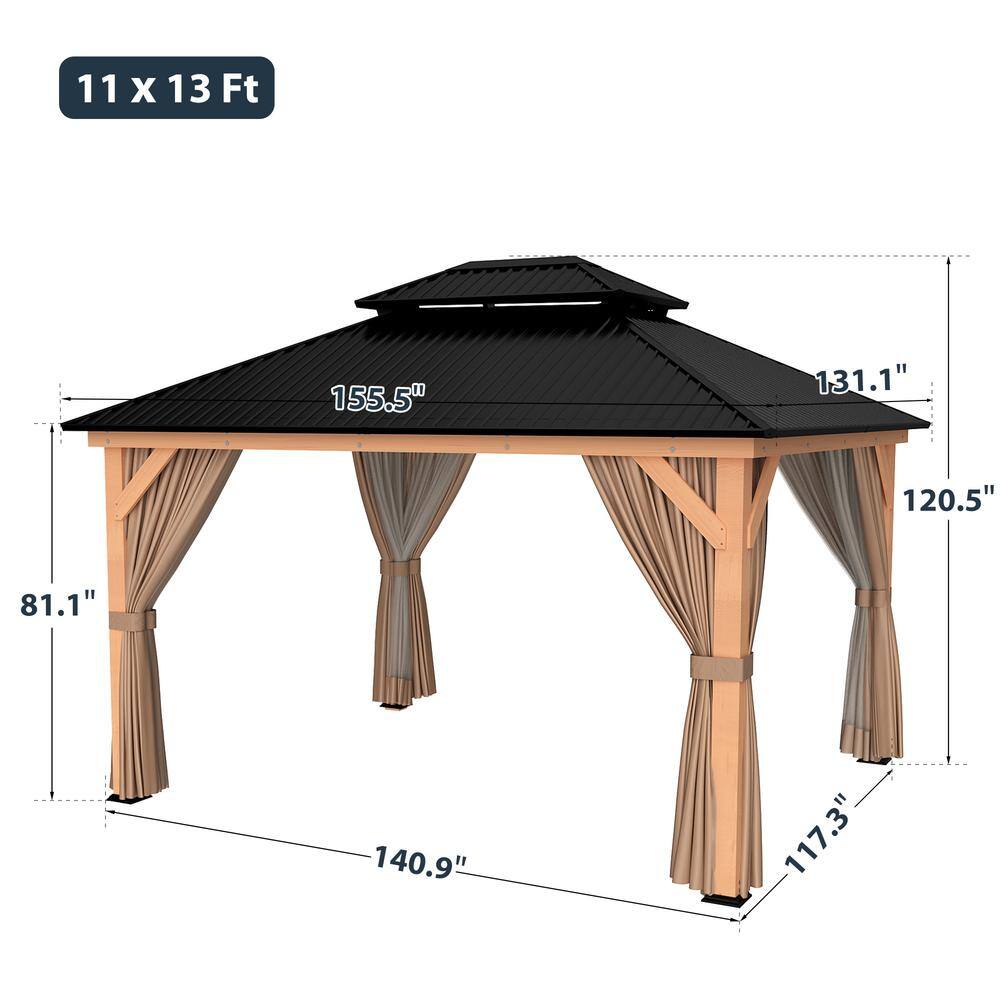 11' x 13' Black Metal Roof Wood Patio Gazebo