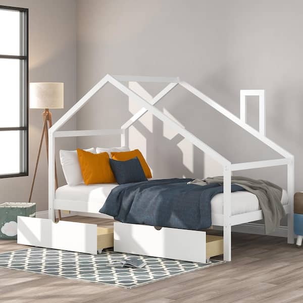 Qualler White Twin Size Daybed with 2 Pull-Out Drawers and Roof