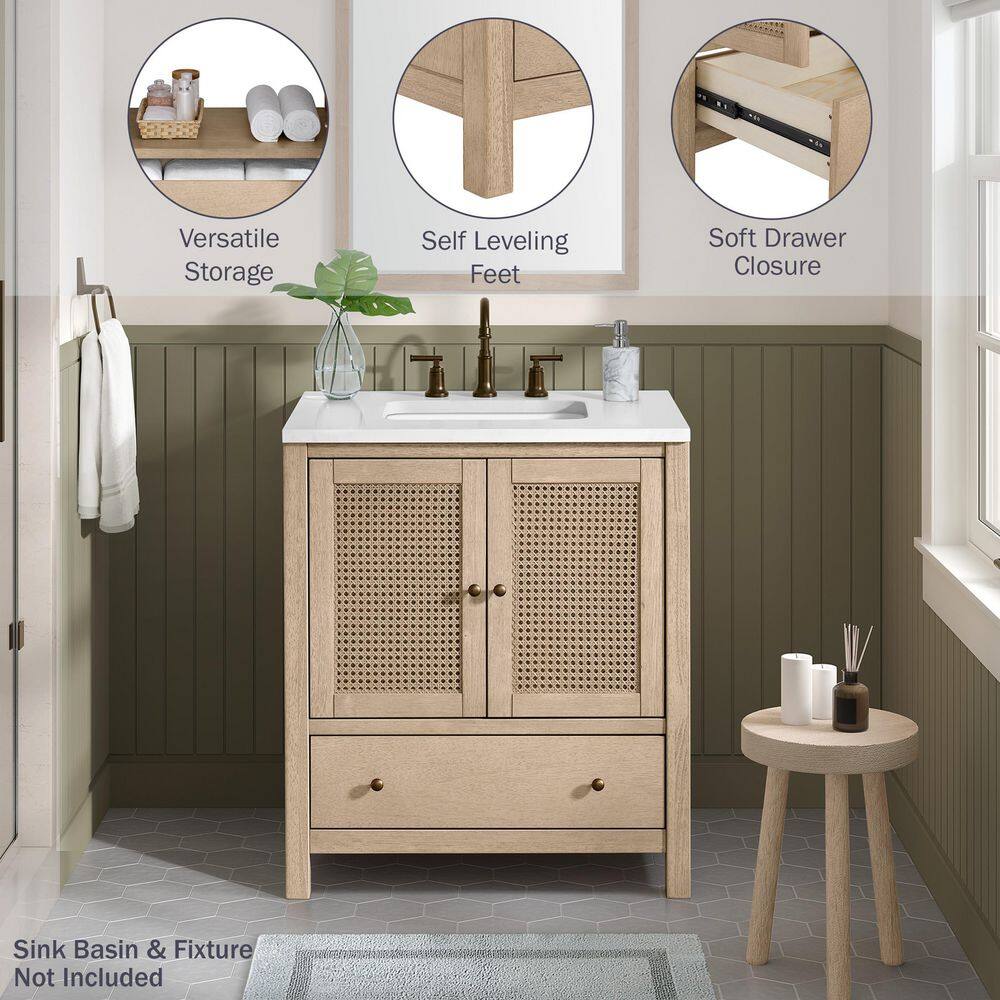 Natural Rubber Wood Freestanding Bathroom Vanity with Rattan Doors