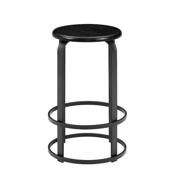 26 in. Black Backless Metal-Frame Stackable Wood-Seat Bar Stool, Set of 2
