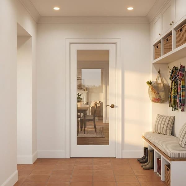 36 in. x 80 in. 1-Lite Left-Hand Clear Glass MDF Primed Single Assembly Required Interiordoor Kit w/ Quick Assemble Jamb