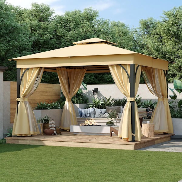 10 ft. x 12 ft. Beige Outdoor Gazebo Tent with Double Roofs, Mosquito Netting, Privacy Screens