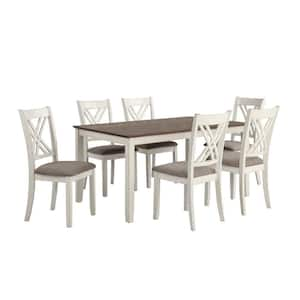 7-Piece Dry Brushed Weathered Wood Top Dining Room Set with Gray Upholstery Seats 6