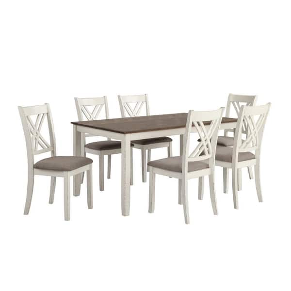 Benjara 7-Piece Dry Brushed Weathered Wood Top Dining Room Set with Gray Upholstery Seats 6