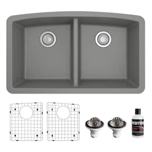 QU-710 Quartz/Granite 32 in. Double Bowl 50/50 Undermount Kitchen Sink in Grey with Bottom Grid and Strainer