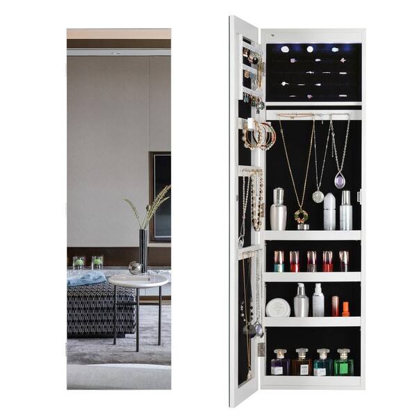 GOGEXX White LED MDF 3.1 in. Wx 12.4 in. L x 42.5 in. H Wall-Mounted Jewelry Armoire with Necklace Hooks and Mirror