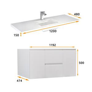 Wall-Mounted 47.24 in. W x 18.9 in. D x 19.69 in. H. Bath Vanity in White with White Solid Surface Top with White Basin