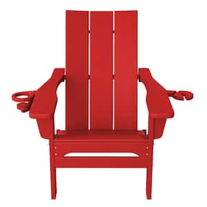 Classic Dark Red Folding Plastic Adirondack Chair with Double Cup Holder