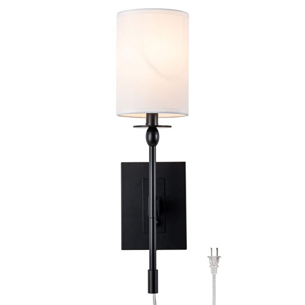Black Metal Wall Sconce with White Fabric Shade