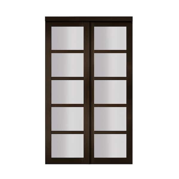 TRUporte 2240 Series 48 in. x 80 in. Espresso Composite Sliding Door 5-Lite Tempered Frosted Glass