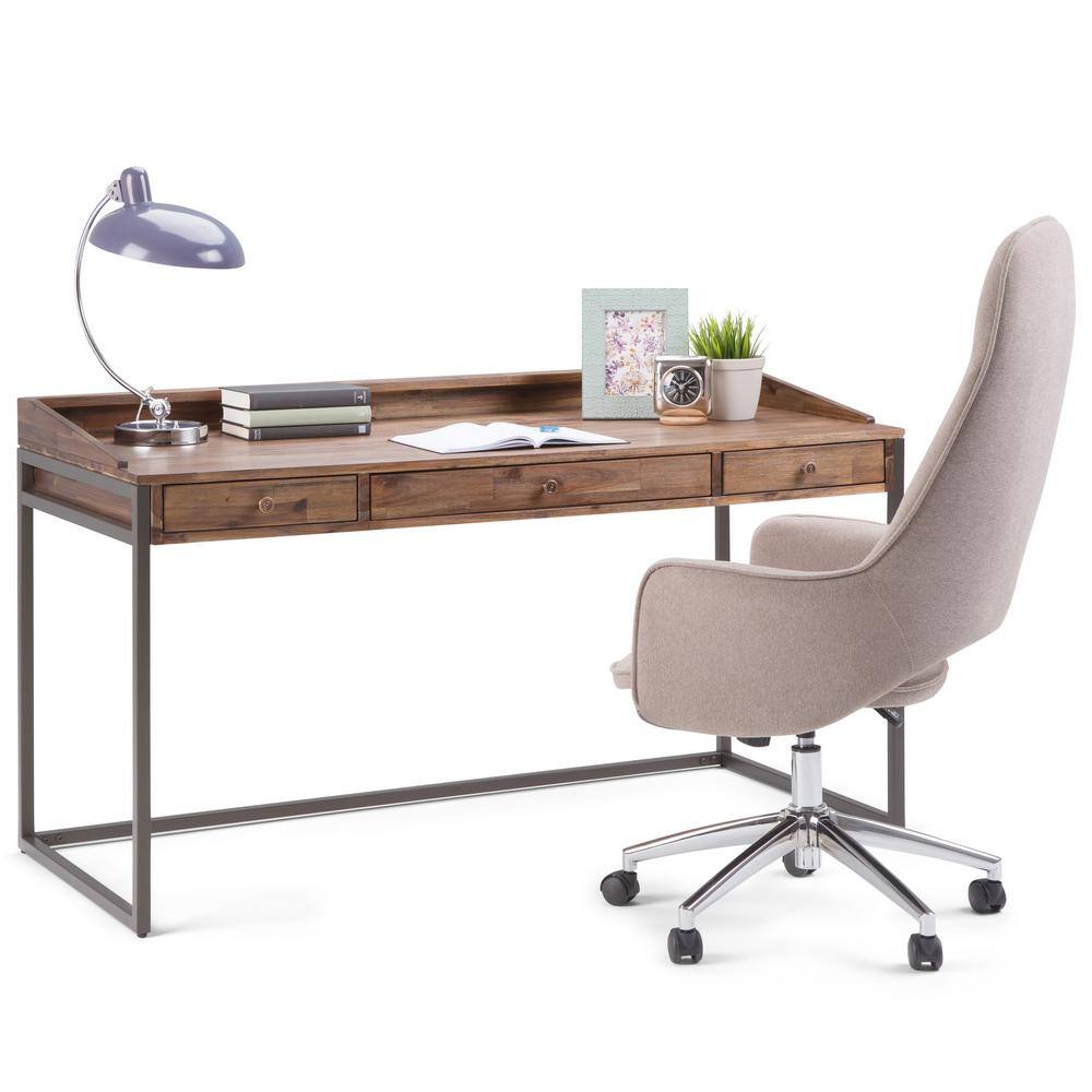 Rustic Natural Aged Brown Acacia Wood Desk with Keyboard Tray
