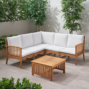 Carolina Brown Patina 6-Piece Wood Outdoor Patio Conversation Sectional Seating Set with White Cushions