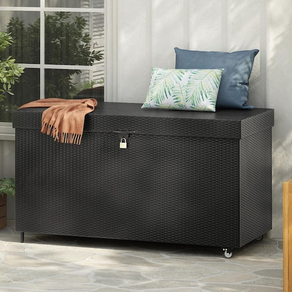 200 Gal. Black Wicker Deck Box with Wheels, All-Weather Outdoor Rattan Box, Storage Bin for Patio Furniture