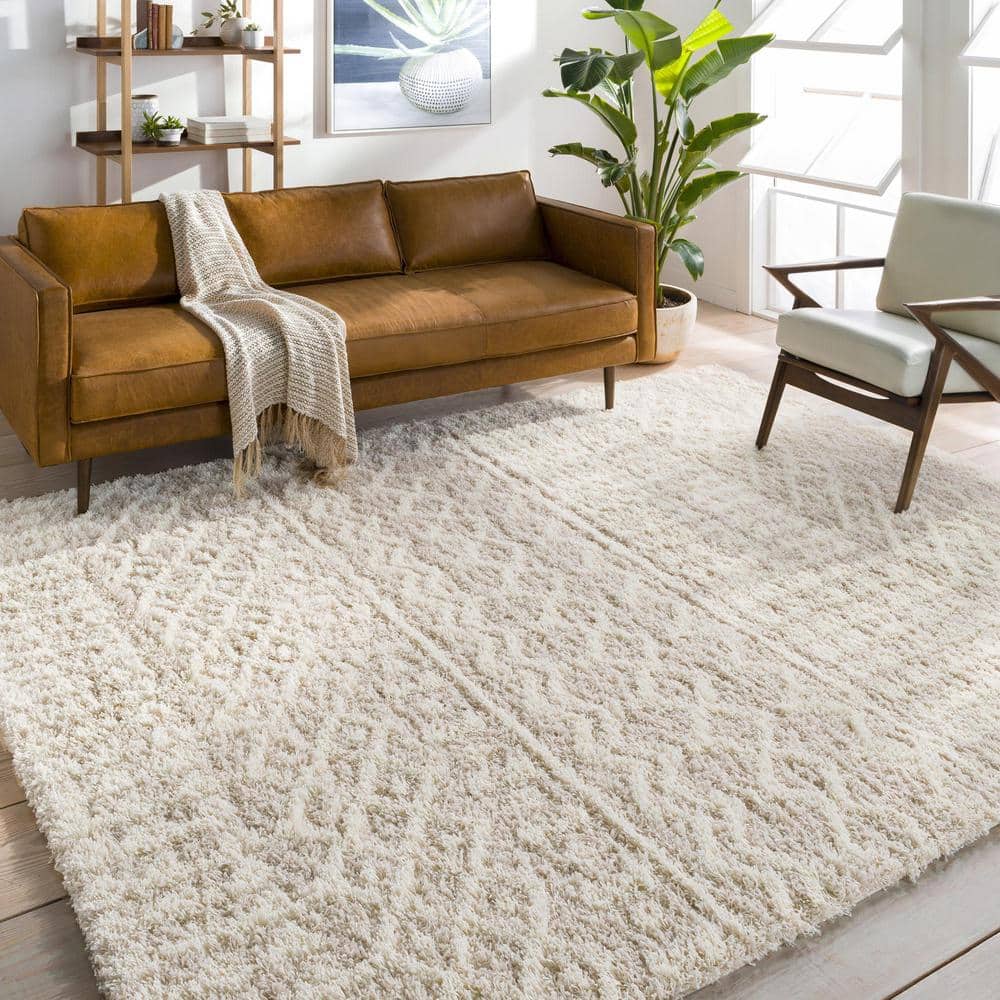 Beige Moroccan Shag Area Rug, 8'10" x 12', Polypropylene