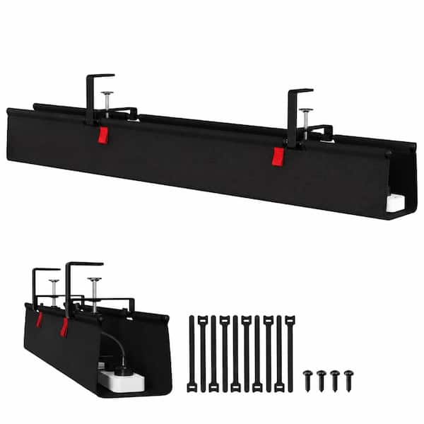 48 in Black No Drill Under Desk Cable Management Tray, Clamp or Screw Mount Cord Organizer