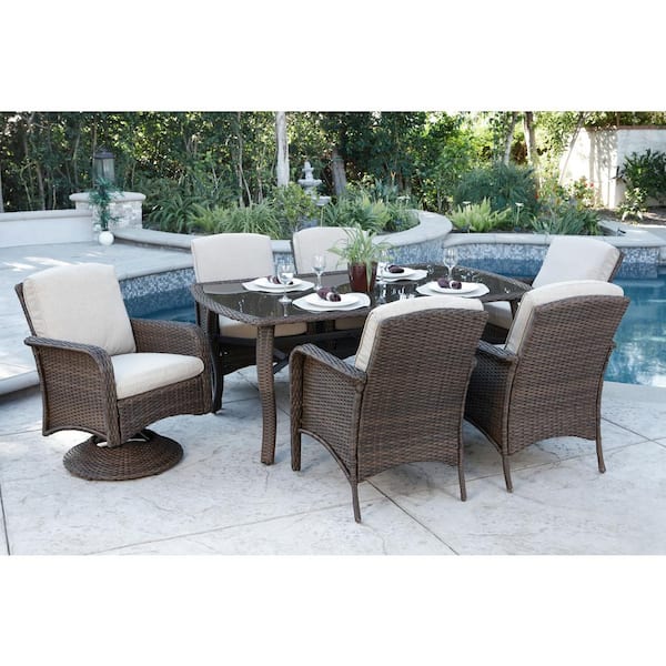 Unbranded Tiara Garden Brown 7-Piece Wicker Outdoor Dining Set with Beige Cushions