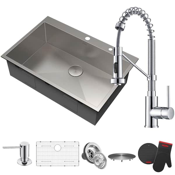 KRAUS All-in-One Drop-In Stainless Steel 33 in. 2-Hole Single Bowl Kitchen Sink with Faucet and Dispenser in Chrome