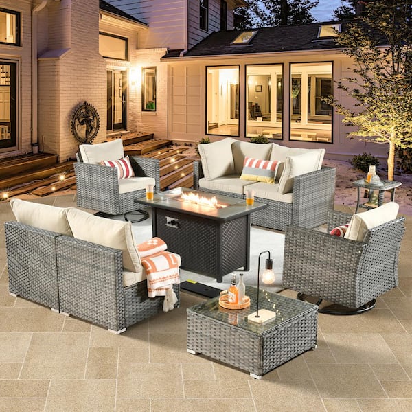 weaxty W Daffodil H Gray 9-Piece Wicker Patio Fire Pit Conversation Sofa Set with Swivel Rocking Chairs and Beige Cushions