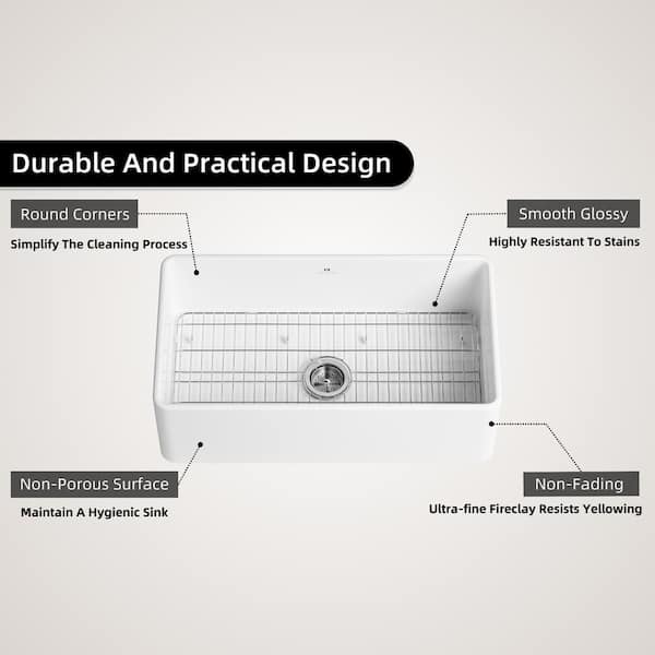 33 in. Farmhouse Sink, Wide Single Bowl Fireclay Apron Front Sink Fits For 36 in. Cabinet, With Sink Accessories