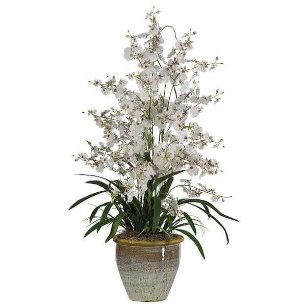 Nearly Natural 32 in. Artificial Triple Dancing Lady Silk Flower Arrangement in White