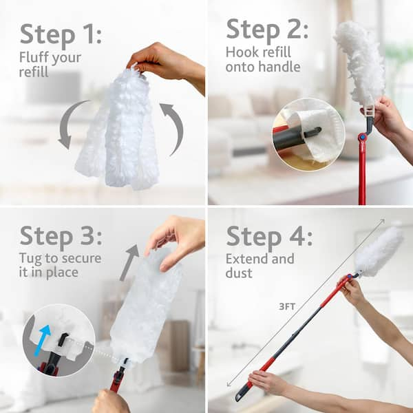 Flex and Catch Heavy Duty Dusting Kit with Stay-On Duster Hook, 5-Duster Refills, Handle Extends to 3 ft.