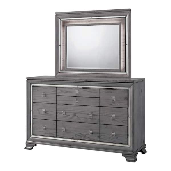 Furniture of America 2-Pieces Tannon Light Gray 10-Drawer 66 in. Dresser with Lighted Mirror