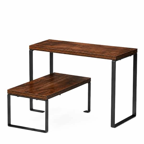 Rustic Brown 2 Shelf Stackable Corner Counter Organizer Set with Metal Frame and Wood Spice Rack