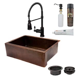 Hammered Copper 30 in. Single Basin Apron Kitchen Sink with ORB Spring Pull Down Faucet, Matching Drain and Accessories