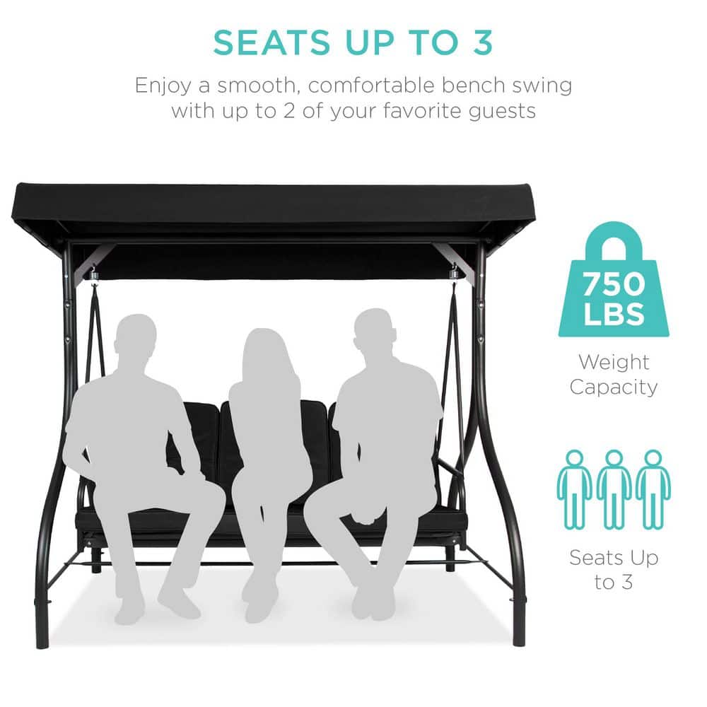 Black Steel 3-Seat Outdoor Canopy Swing Glider with Cushions