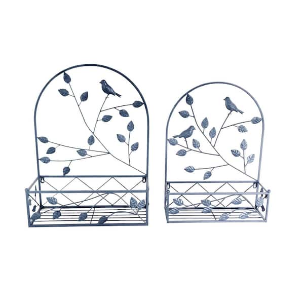 Gray Metal Hanging Plant Holder 2-Piece Set Outdoor Wall Decor