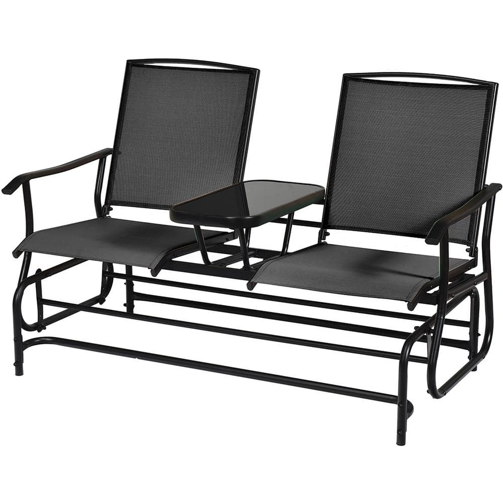 Black Steel Double Glider Loveseat with Tempered Glass Table