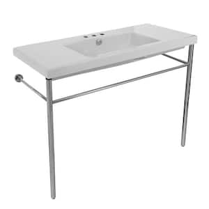 Cangas Ceramic Console Bathroom Sink in White with 3 Faucet Holes and Chrome Stand