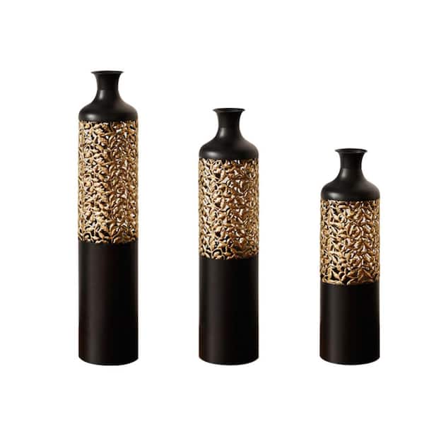 Unbranded 29 in. Gorgeous Black and Gold Cylinder Floor Large Glazed Metal Vases Decorated Set of 3, for Indoor Home Decoration