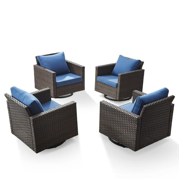 Gymojoy Carlos 4-Piece All-Weather Brown Wicker Outdoor Swivel Chairs with 4 in. Blue Cushions