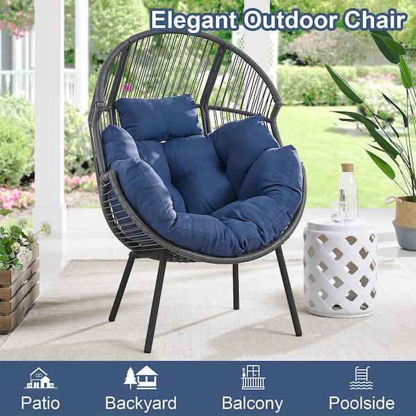 35 in. W Oversized Gray Wicker Egg Chair Patio Egg Lounge Chair with Blue Cushions and Ottomans