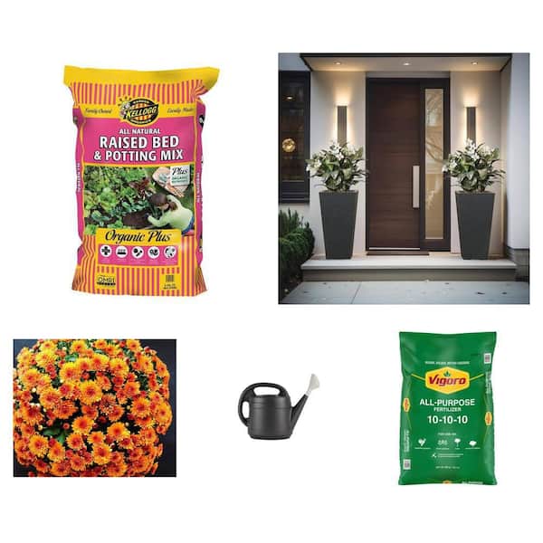 2 Gal. Black Watering Can, 3 qt. Orange Mum 2-Pack, 40 lb. 10-10-10 Fertilizer, 27.57 in. Planter Set & 2 cu. ft. Soil