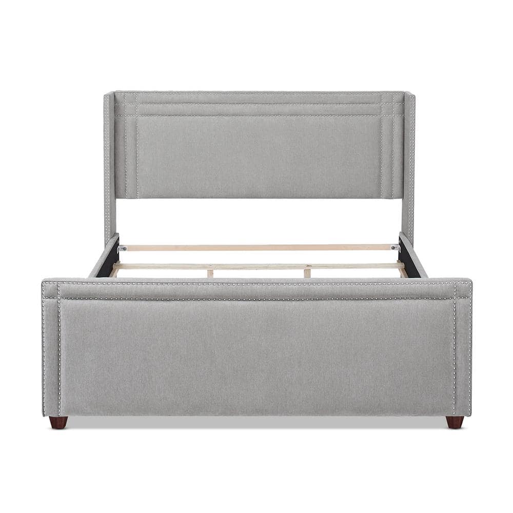 Elegant Silver Grey King Wingback Bed with Nailhead Trim and Pine Frame