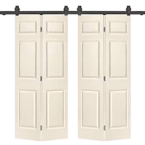 48 in. x 84 in. 6-Panel Beige Painted MDF Hollow Core Composite Double Bi-Fold Barn Doors with Sliding Hardware Kit