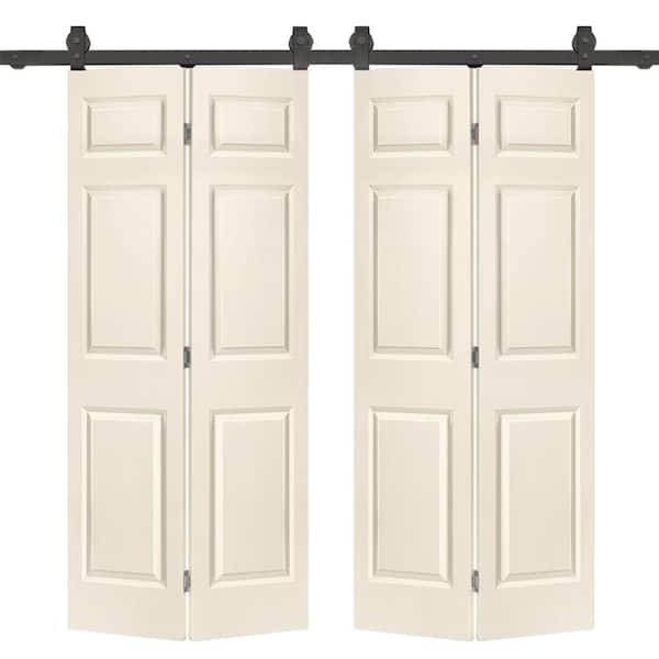 CALHOME 72 in. x 80 in. Hollow Core 6-Panel Beige MDF Composite Double Bi-Fold Barn Doors with Sliding Hardware Kit