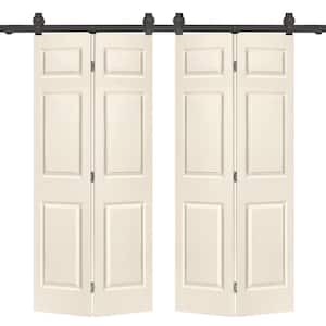 72 in. x 84 in. Hollow Core 6 Panel Beige Painted MDF Composite Double Bi-Fold Barn Door with Sliding Hardware Kit