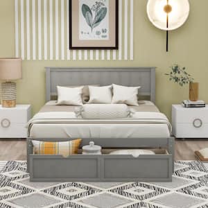 Gray Wood Full Size Bed Frame with Headboard, Full Bed Frame with Storage Drawers, Platform Bed Frame Full Size