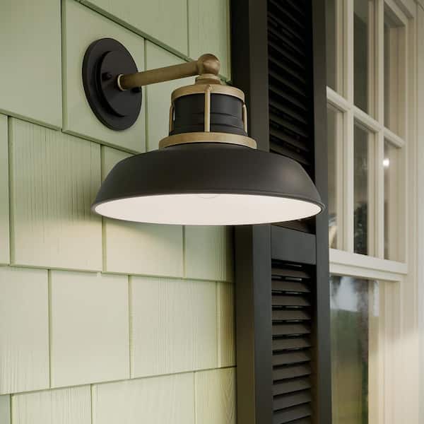 Fielding 12 in. 1-Light Outdoor Wall Light with in Textured Black with Natural Brass Accents