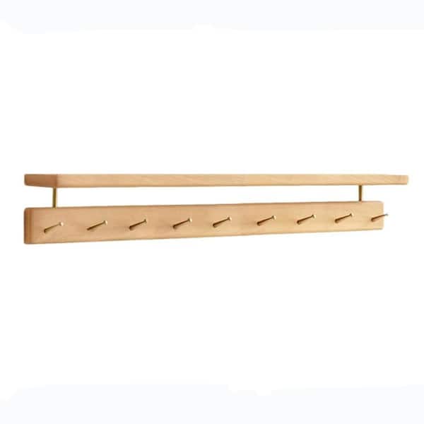 Brown Wood Wall Mount Coat Rack with Shelf and 9-Brass Hooks