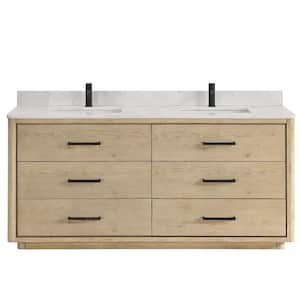 Porto 72 in. W x 22 in. D x 33.8 in. H Double Sink Bath Vanity in Natural Oak with White Quartz Stone Top