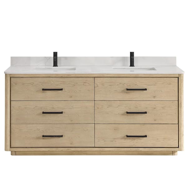 Porto 72 in. W x 22 in. D x 33.8 in. H Double Sink Bath Vanity in Natural Oak with White Quartz Stone Top
