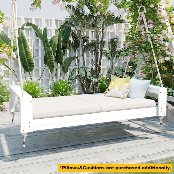 Black＆White ガーデン　サイズ：2（L） 2-Person White Acacia Wood Porch Swing Bed, Twin Size Patio Swing