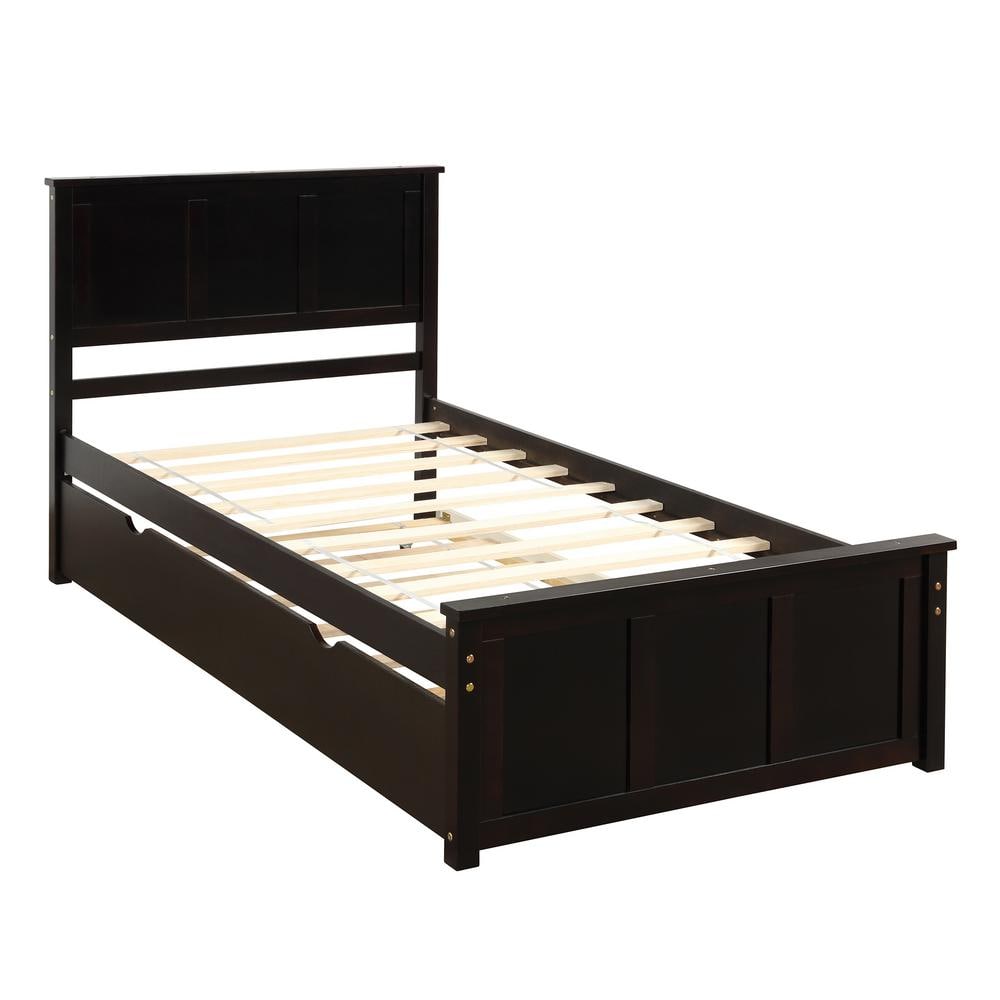 ANBAZAR Espresso Solid Wood Twin Size Bed Frame with Trundle, Kids ...