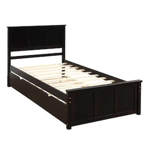 Espresso Solid Wood Twin Size Bed Frame with Trundle, Kids Platform Twin Bed with Pull Out Trundle, No Box Spring Needed