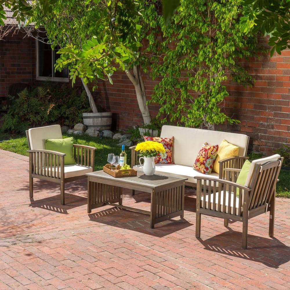 4-Piece Outdoor Patio Acacia Wood Gray Conversation Sofa Set with Waterproof Cushions and Cushions and 1 Coffee Table price history on PriceWatchPro