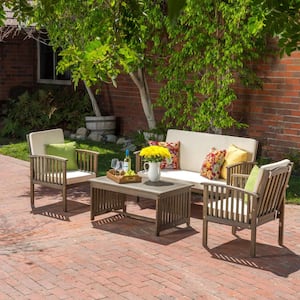 4-Piece Outdoor Patio Acacia Wood Gray Conversation Sofa Set with Waterproof Cushions and Cushions and 1 Coffee Table